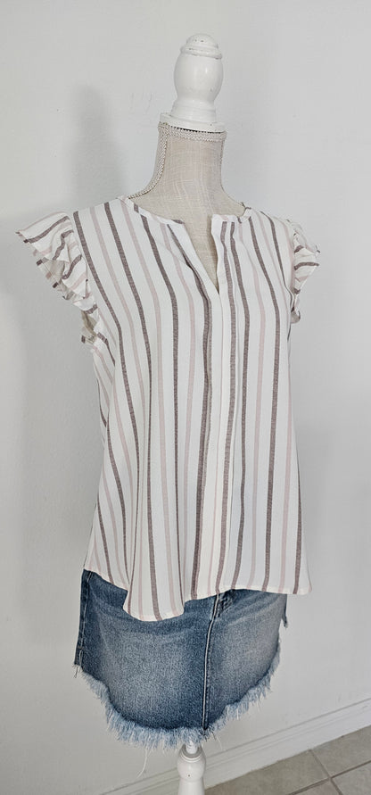 Look as sweet as a summer's day in this "Heather Striped Taupe" top! With cute flutter sleeves, a split round neckline, and a playful front-fold detail, you'll be ready for any outdoor adventure! And just to top it off, the taupe stripes add an extra bit of pizzazz. Who said stripes have to be boring?! Size small through large.