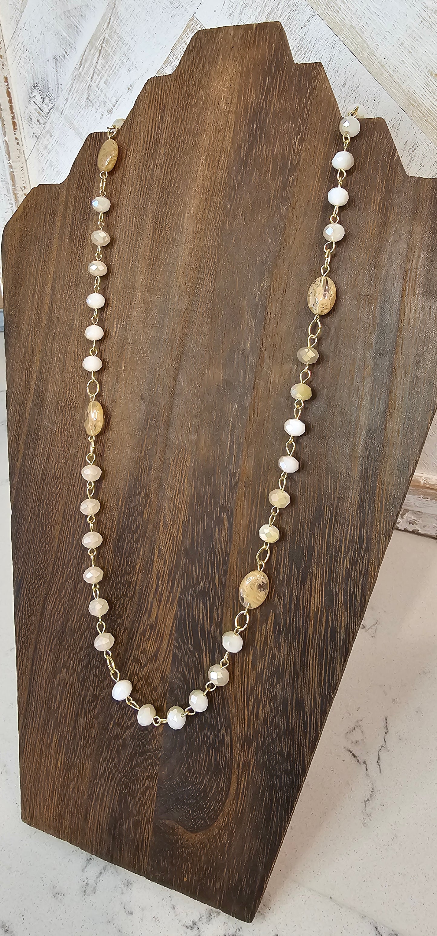 Adjustable Color: Gold link chain with taupe stones & glass beads Limited supply!  