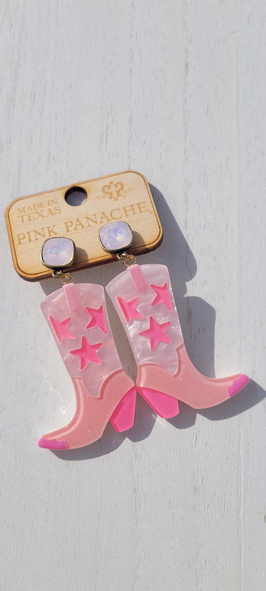 Pink Panache Earrings Color: 10mm bronze/rosewater opal cushion cut post on pearlized pink cowboy boot earring Limited supply!