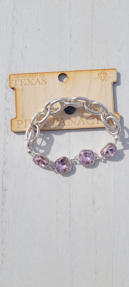Pink Panache: Sadie Pink Panache bracelet Color: Light pink square rhinestone and silver chain stretch bracelet Limited supply! Keywords: Bracelet, Jewelry