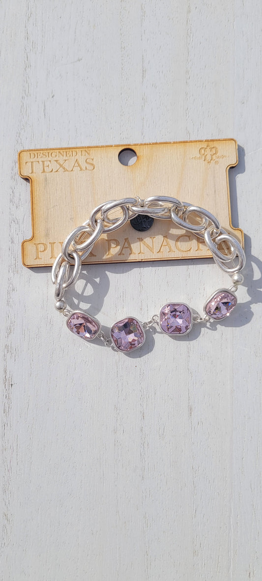 Pink Panache: Sadie Pink Panache bracelet Color: Light pink square rhinestone and silver chain stretch bracelet Limited supply! Keywords: Bracelet, Jewelry