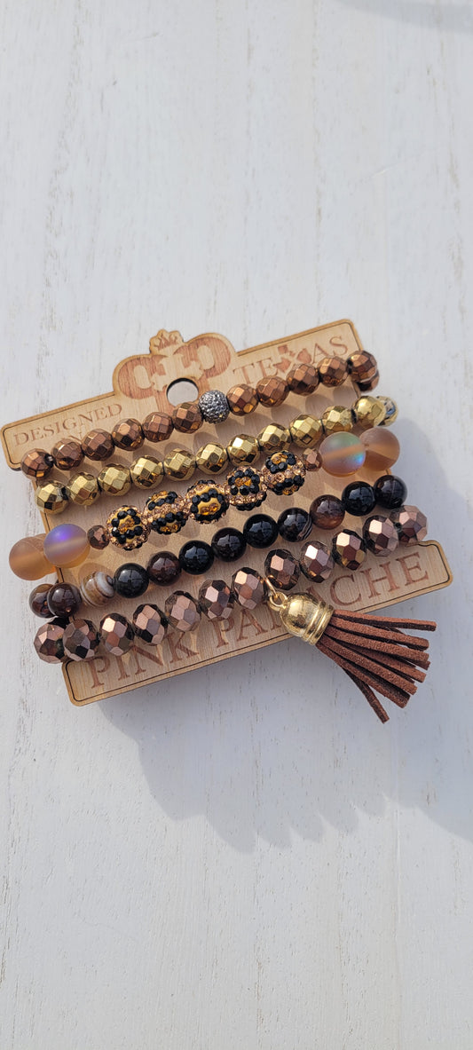 Pink Panache bracelet Set of 5 stretch bracelets with brown jade, faceted crystal beads, pave crystal leopard beads and a brown mini tassel Limited supply!