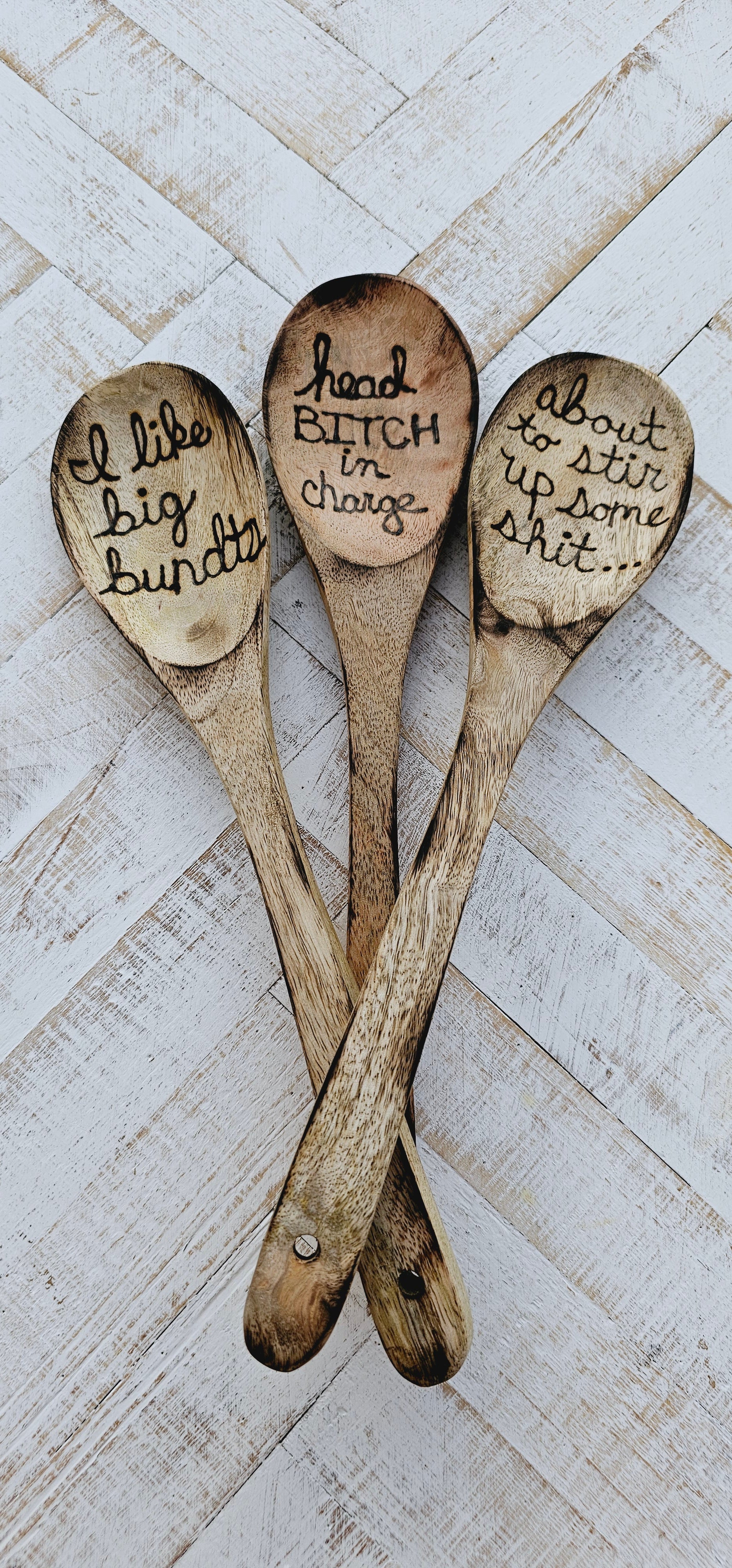 Wooden spoon and kitchen towel set. Custom engraved burned. Color and burning may vary due to custom work.