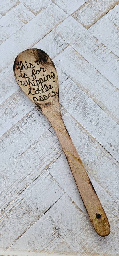 Wooden spoon and kitchen towel set. Custom engraved burned. Color and burning may vary due to custom work.