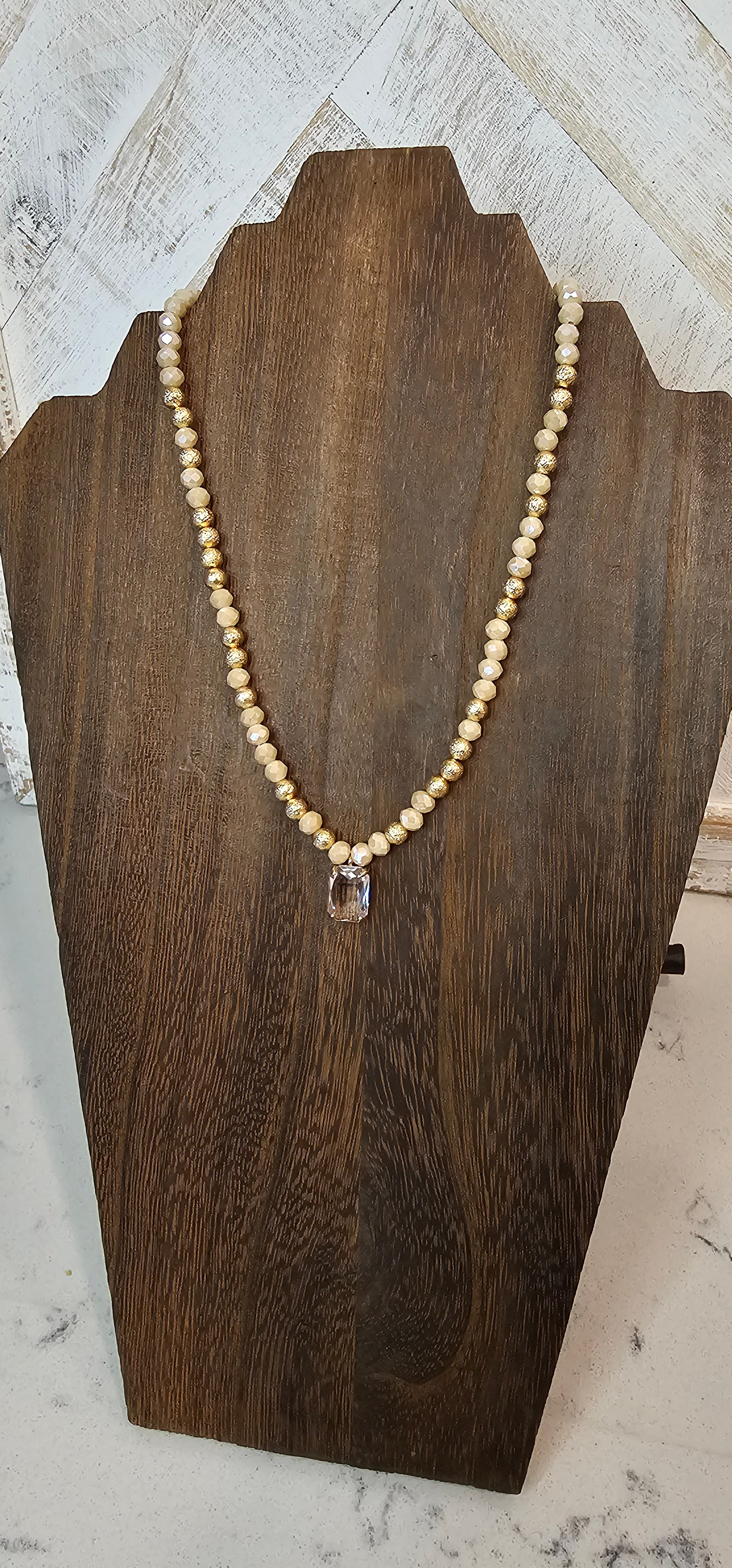 Adjustable chain Color: Gold link chains with peach fuzz & gold beads, clear crystal Limited supply!  