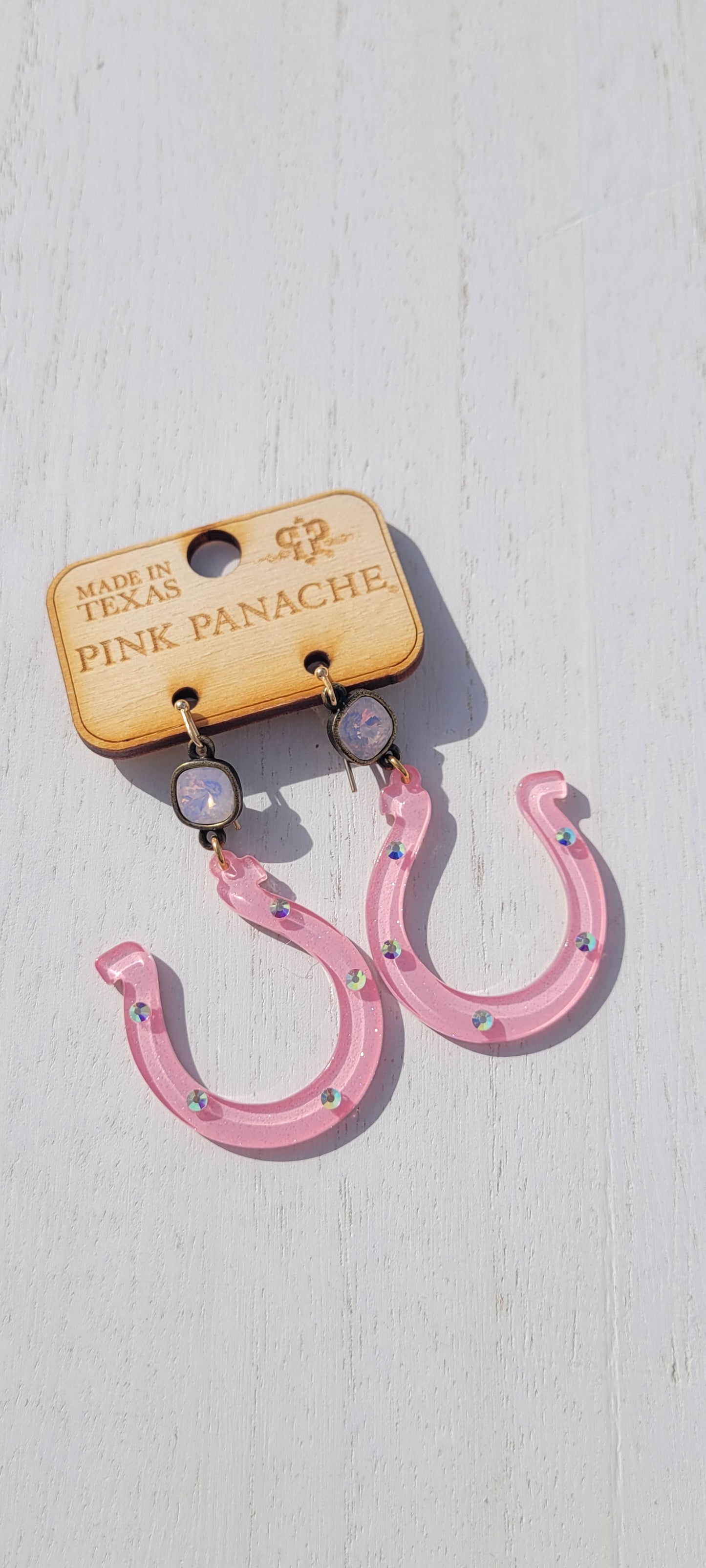 Pink Panache: Lucky "U" Horseshoe Earrings Pink Pink Panache Earrings Color: 8mm bronze/rosewater opal cushion cut connector on pink acrylic horseshoe earring Limited supply!
