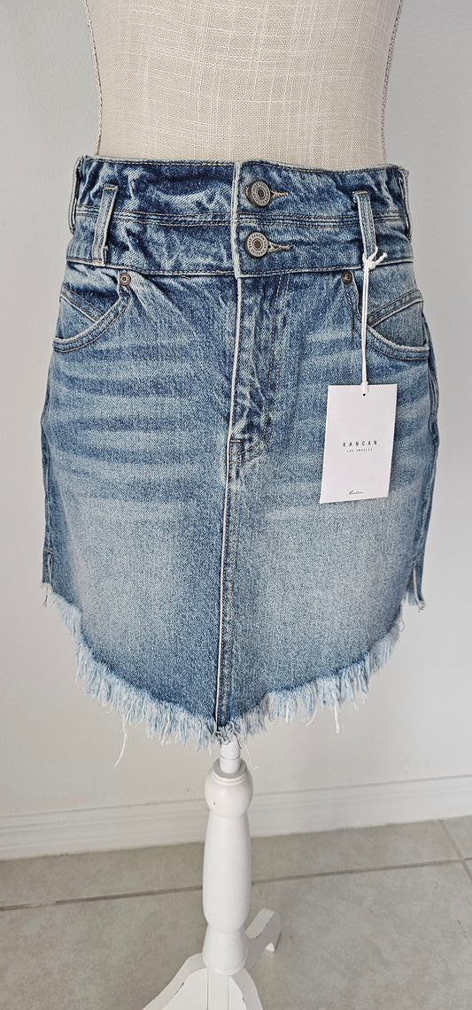 Imagine yourself in this cute denim high rise skirt. This skirt features a frayed hem. A jean skirt is a staple to anyone's life. This cute skirt you can dress up or down. Imagine yourself wearing this to the office, school, out on the town, or just because. This cute skirt can be worn with pretty much any top, sweater, or sweatshirt. Sizes small through x-large.