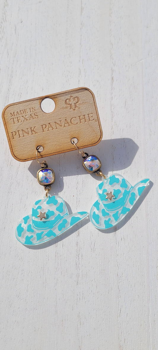 Pink Panache: Cowboy Hats Pink Panache Earrings Color: 8mm bronze/AB cushion cut connector on turquoise acrylic hat earring Limited supply! Keywords: Earrings, Jewelry