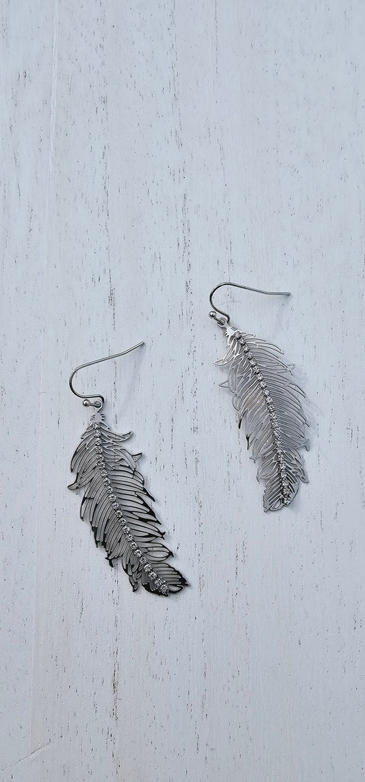 Silver feather fish hook earrings with rhinestones Limited supply!  