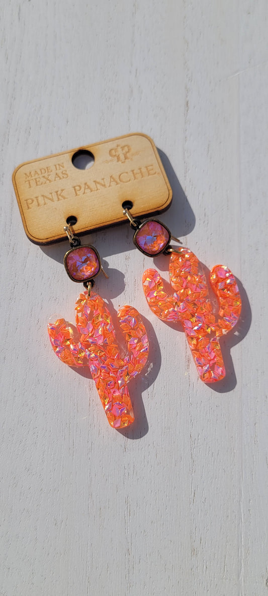 Pink Panache: Orange Glow Cactus  Color: 10mm bronze/orange glow delite cushion cut connector on pink/orange glitter cactus earring Limited supply!  