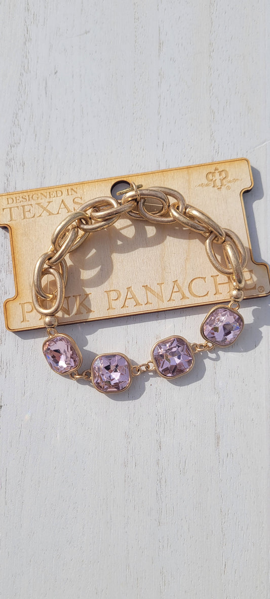 Pink Panache: Rose Pink Panache bracelet Color: Light pink square rhinestone and gold chain stretch bracelet Limited supply! Keywords: Bracelet, Jewelry