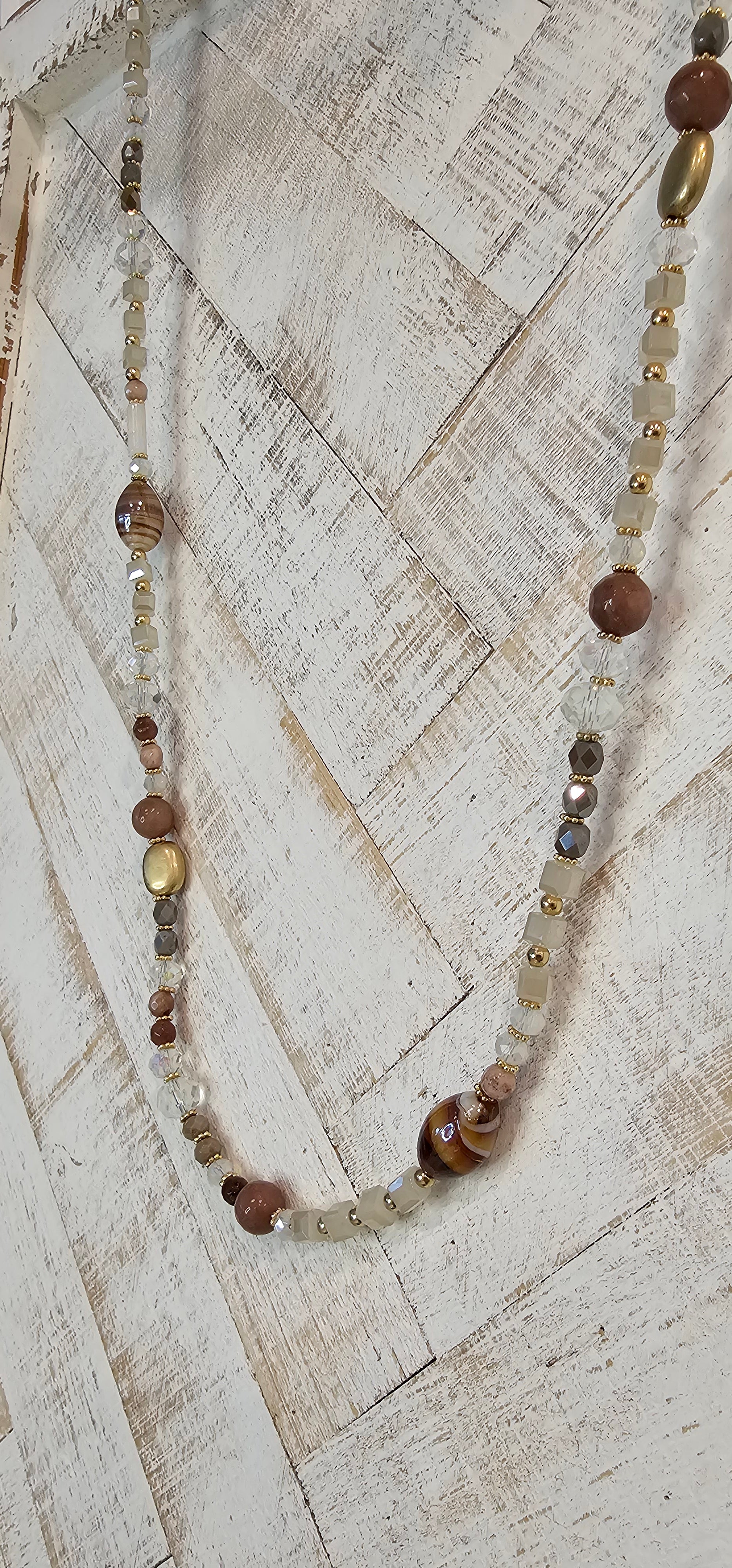 Adjustable Color: Gold link chain with brown stones & glass beads Limited supply!  