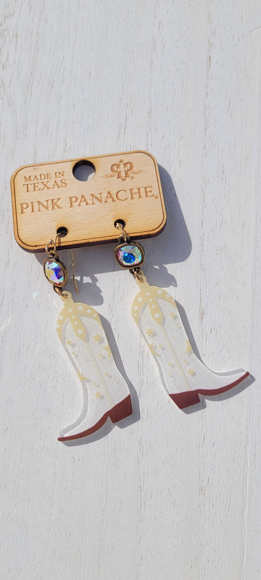 Pink Panache Earrings Color: 8mm bronze/AB cushion cut connector on white acrylic boot earring Limited supply!