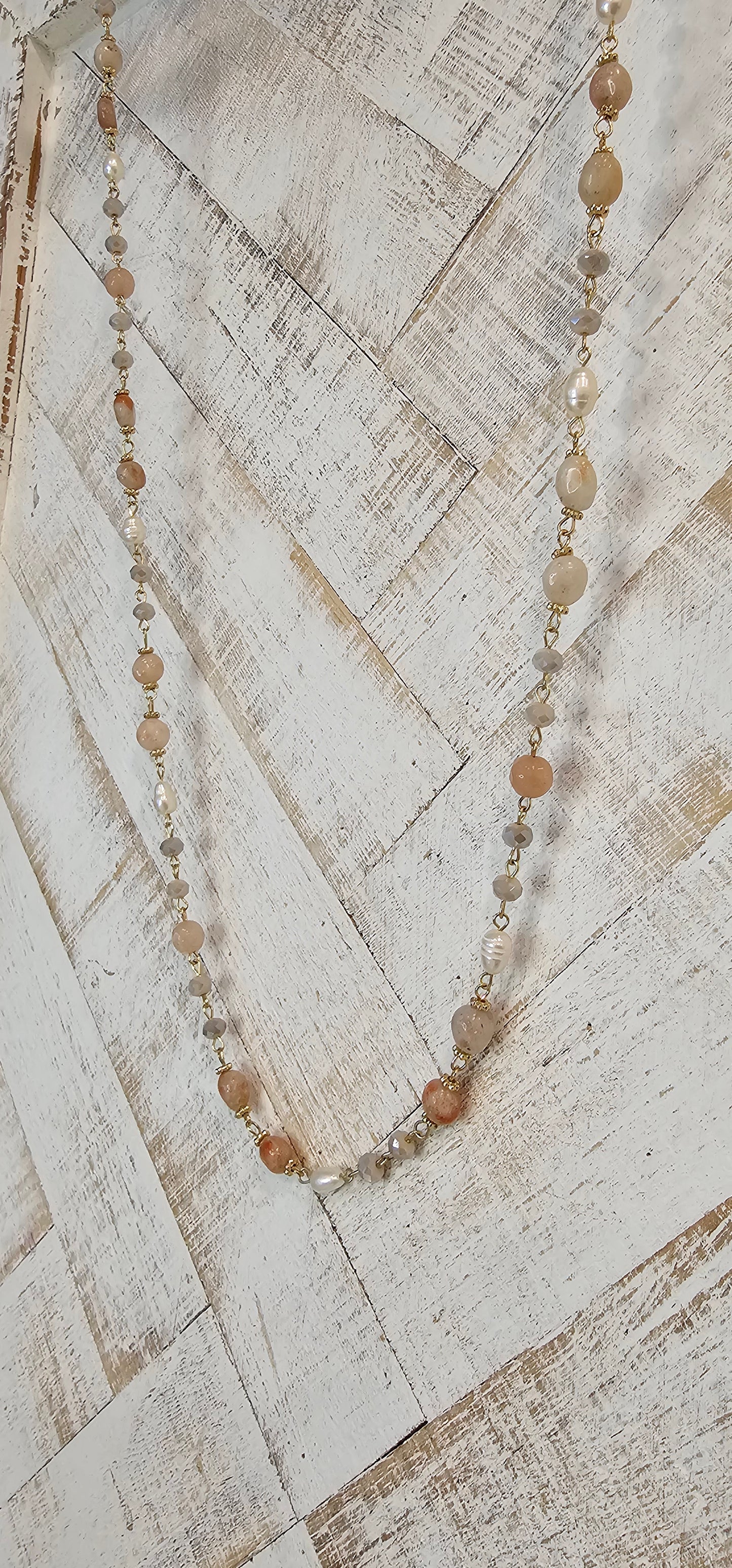 Adjustable Color: Gold link chain with dusty rose stones & glass beads Limited supply!  