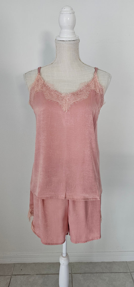 Emberlynn Lace Satin Lounge Set - Blush - FINAL SALE