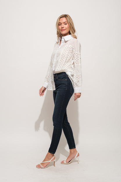Aimee - Eyelet Long Sleeve Button Down Shirt - White - Exclusively Online