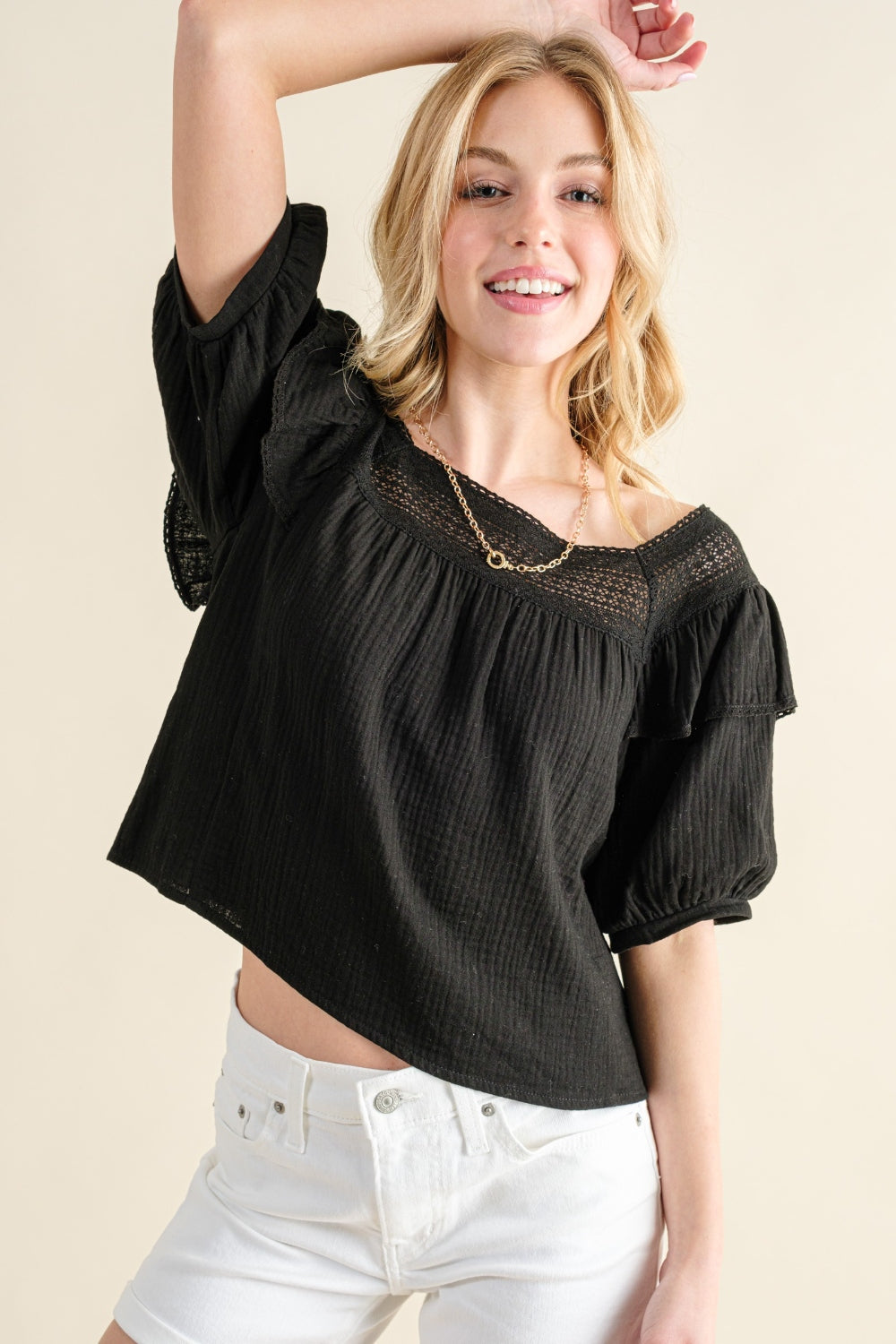 This Square Neck Cotton Gauze Ruffled Blouse is a feminine and chic piece that adds a touch of elegance to any outfit. The square neckline creates a flattering silhouette, while the ruffled details add a soft and romantic touch. Made with lightweight cotton gauze fabric, it is perfect for staying cool and comfortable during warm weather.  S - XL
