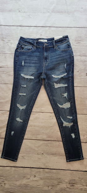 These denim jeans are medium dark wash, high rise, ankle skinny style, that are distressed and ripped. They are comfort stretch and will hug your curves nicely. These are definitely a staple piece for your closet! Great for everyday wear.