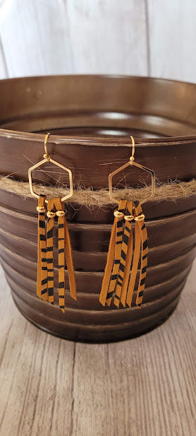 Zebra Fringe Earrings  Gold hexagon design Genuine camel color leather Zebra print Gold fish hook Rubber earring back Length 3”, width 0.75” Whether you want to be on the wild side or classy this earring set it will add a fun touch to your outfit