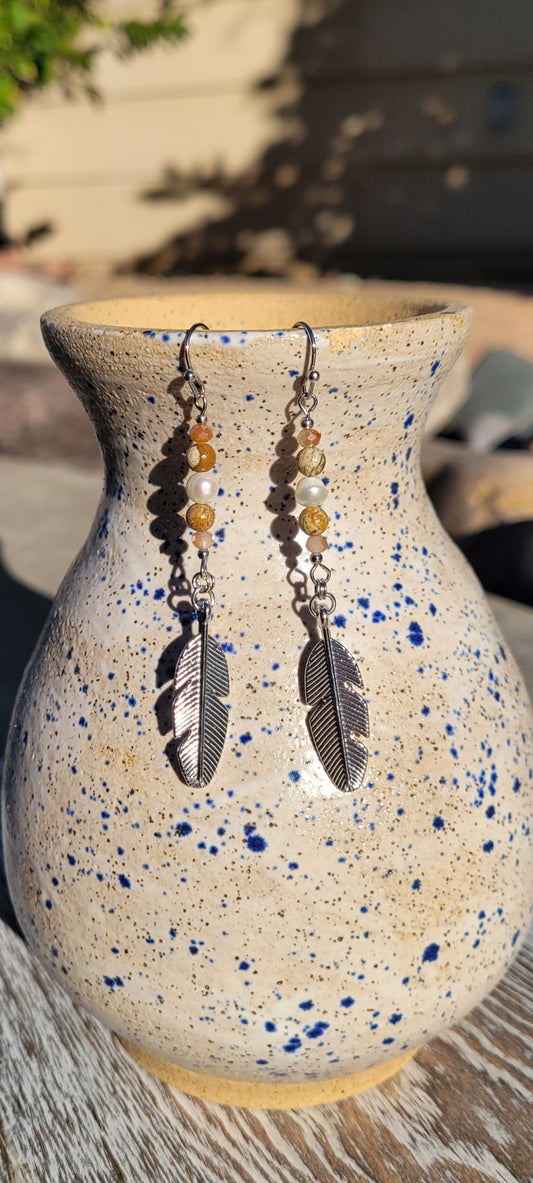 Feather And Stone Silver Earrings