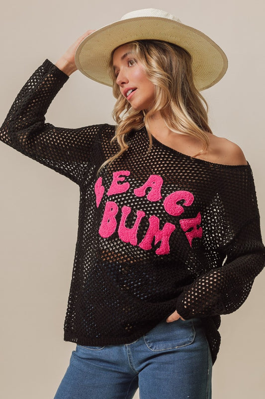 The BEACH BUM embroidered knit cover up is a playful and stylish addition to your beachwear collection, featuring fun and whimsical embroidery that adds a laid-back vibe. This cover up is perfect for throwing over your swimsuit for a stylish and effortless look while lounging by the pool or on the beach. S - XL