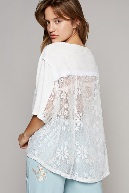 This Round Neck Short Sleeve Lace Top is a delicate and elegant addition to your wardrobe. The lace detailing adds a touch of romance and femininity to the top, making it perfect for both casual and dressy occasions. With a classic round neck design, this top is flattering and versatile.  S - L