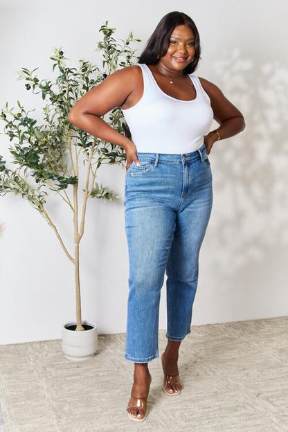 High waist straight jeans are a classic and flattering option that elongates the legs and highlights the waistline, creating a polished and sophisticated look. These jeans provide a versatile and timeless style, perfect for pairing with tucked-in tops or cropped sweaters for a chic and put-together outfit. 0 -  Plus