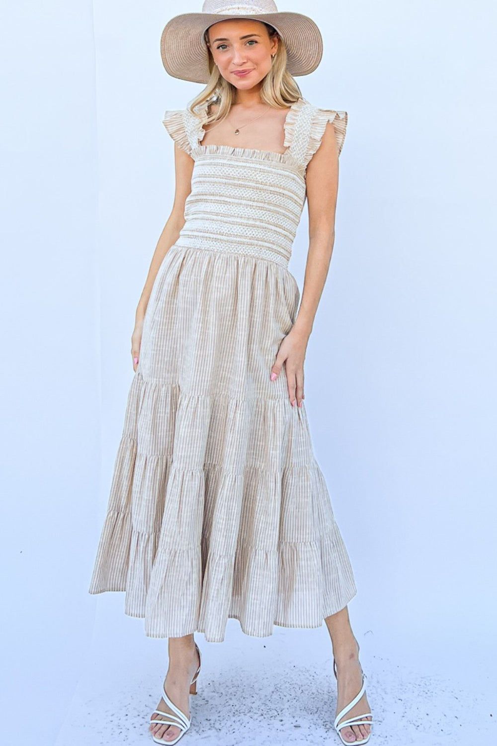 Brenda - Linen Striped Ruffle Dress -  Natural - Exclusively Online