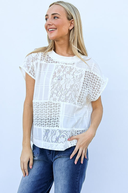 The lace patchwork short sleeve top and cami set is a stylish and versatile ensemble that combines feminine details with modern design. Featuring delicate lace accents and a coordinated cami, this set offers a chic and sophisticated look. The short sleeves add a casual touch to the top, while the cami provides easy layering options. S - L