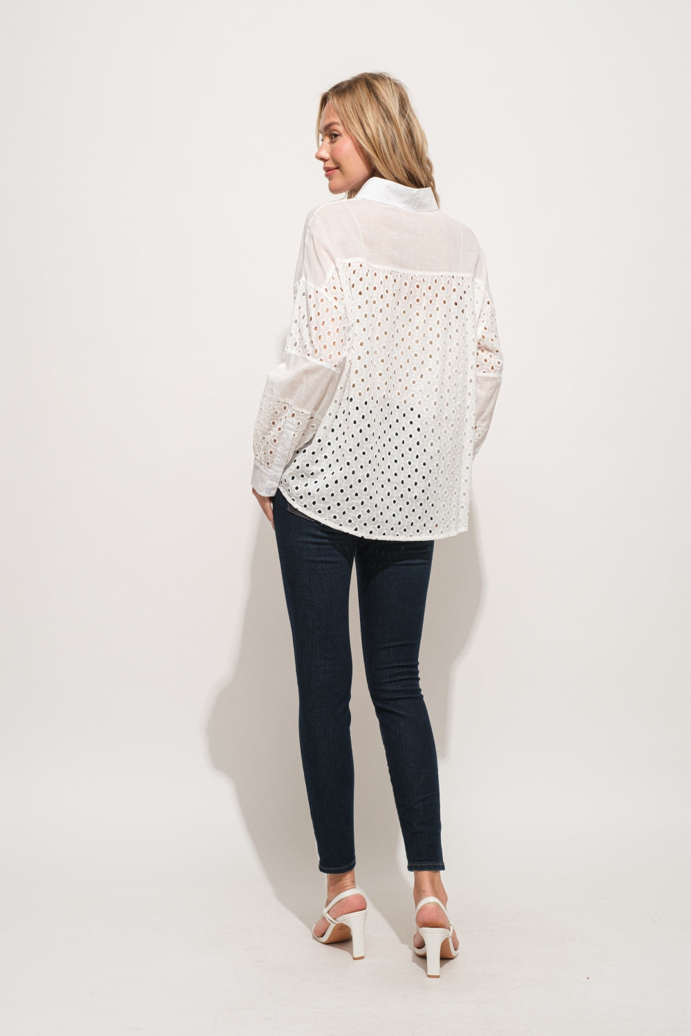 Aimee - Eyelet Long Sleeve Button Down Shirt - White - Exclusively Online