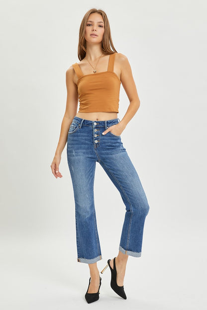 The Button-Fly Cropped Bootcut Jeans are a stylish and modern twist on a classic denim silhouette. The button fly closure adds a retro and chic touch to the cropped bootcut style. Made from high-quality denim fabric, these jeans are durable and comfortable for all-day wear.  0 - 3X