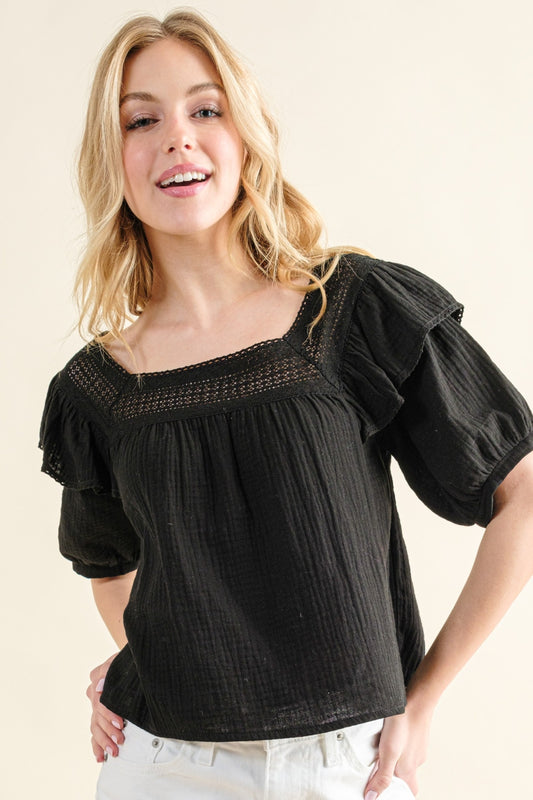 This Square Neck Cotton Gauze Ruffled Blouse is a feminine and chic piece that adds a touch of elegance to any outfit. The square neckline creates a flattering silhouette, while the ruffled details add a soft and romantic touch. Made with lightweight cotton gauze fabric, it is perfect for staying cool and comfortable during warm weather.  S - XL