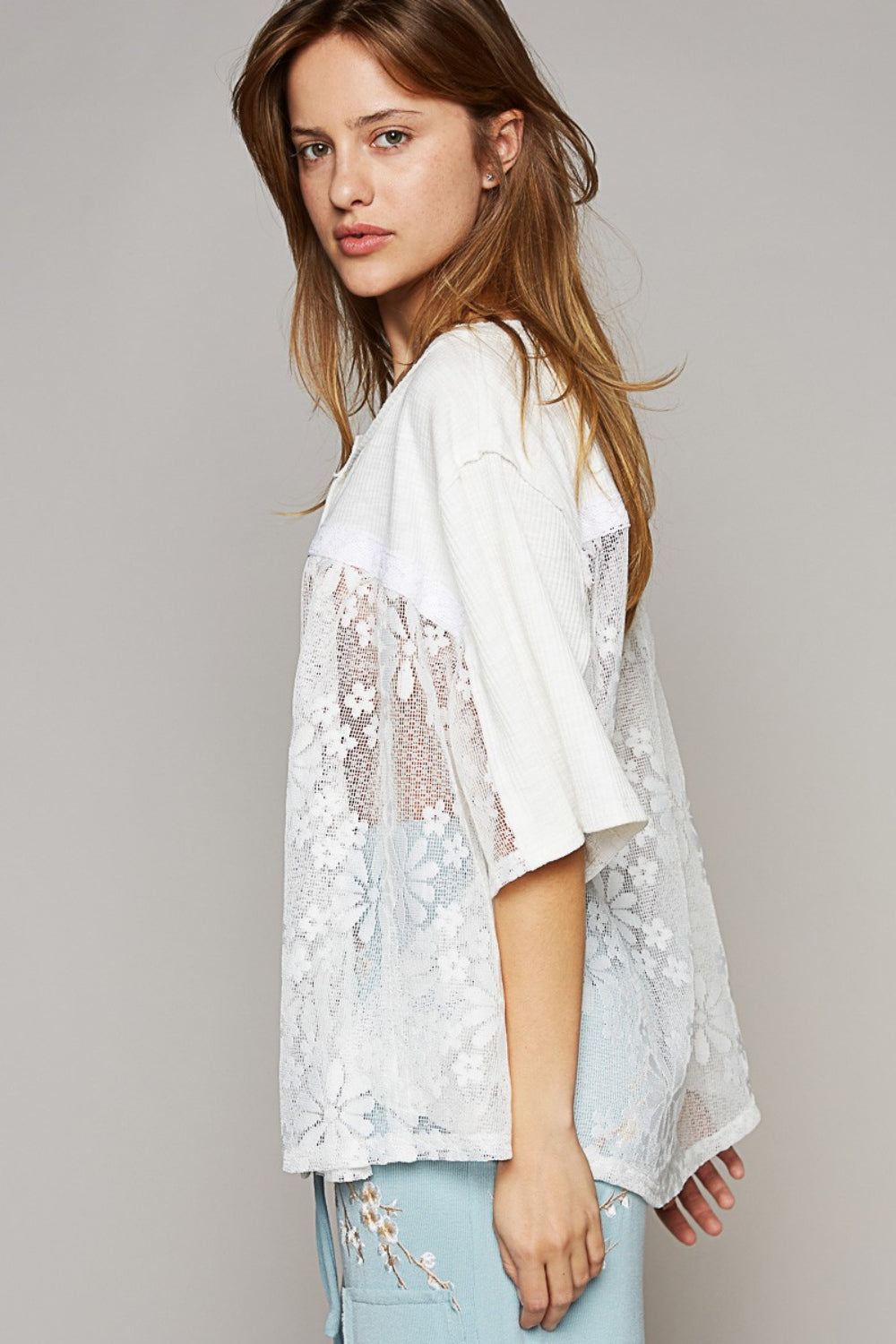 This Round Neck Short Sleeve Lace Top is a delicate and elegant addition to your wardrobe. The lace detailing adds a touch of romance and femininity to the top, making it perfect for both casual and dressy occasions. With a classic round neck design, this top is flattering and versatile.  S - L