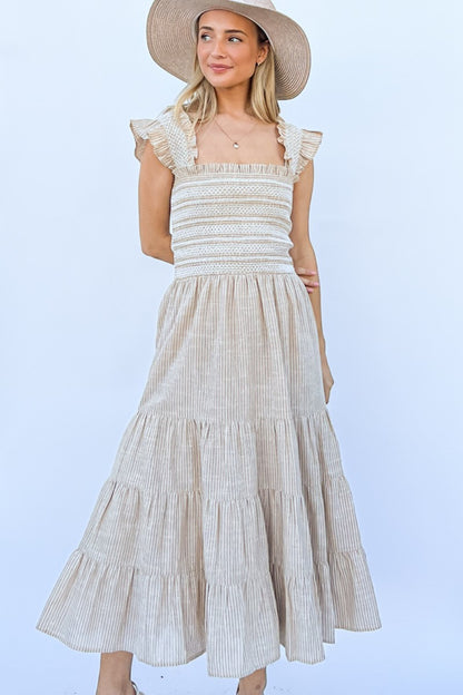 Brenda - Linen Striped Ruffle Dress -  Natural - Exclusively Online
