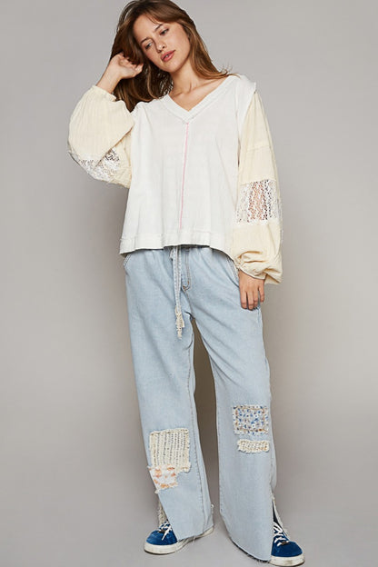 This Balloon Long Raglan Sleeve Crochet Patch Top is a trendy and stylish piece for your wardrobe. The balloon sleeves and raglan design give it a unique and modern look. The crochet patch detail adds a touch of charm and texture to the top. S - L