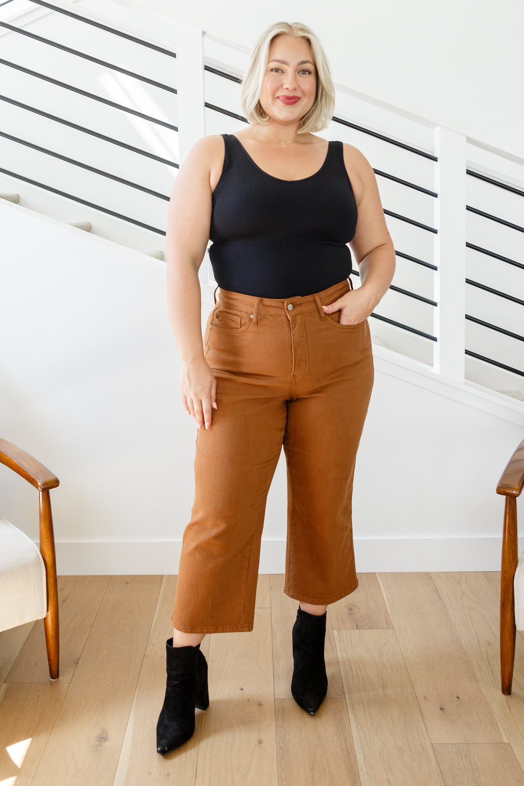 Discover your new favorite jeans with Briar's High Rise Control Top Wide Leg Crop Jeans from Judy Blue. Our triple threat of design, fit, and color come together for maximum style, comfort, and chicness. Features include high rise, tummy control tech, and a wide leg crop in a warm rich garment-dyed camel. Complete with coordinating hardware and you're ready to look and feel amazing! 0 - 24W