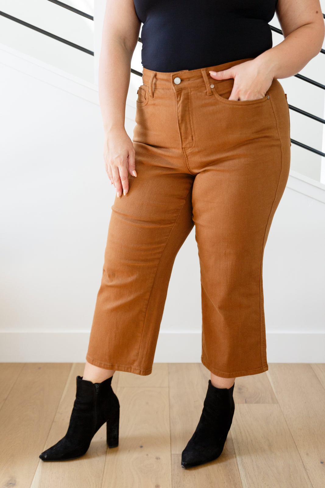 Discover your new favorite jeans with Briar's High Rise Control Top Wide Leg Crop Jeans from Judy Blue. Our triple threat of design, fit, and color come together for maximum style, comfort, and chicness. Features include high rise, tummy control tech, and a wide leg crop in a warm rich garment-dyed camel. Complete with coordinating hardware and you're ready to look and feel amazing! 0 -24W