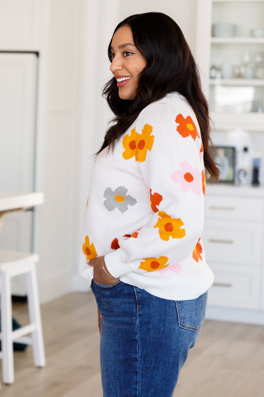 Stay comfortable and warm in our "Falling Flowers Floral Sweater". This medium weight sweater adorns adorable flowers for a charmingly cute touch. With the ribbed neckline, sleeve cuff, and hem, this sweater is a must-have for any fashion-forward individual. S - 3X