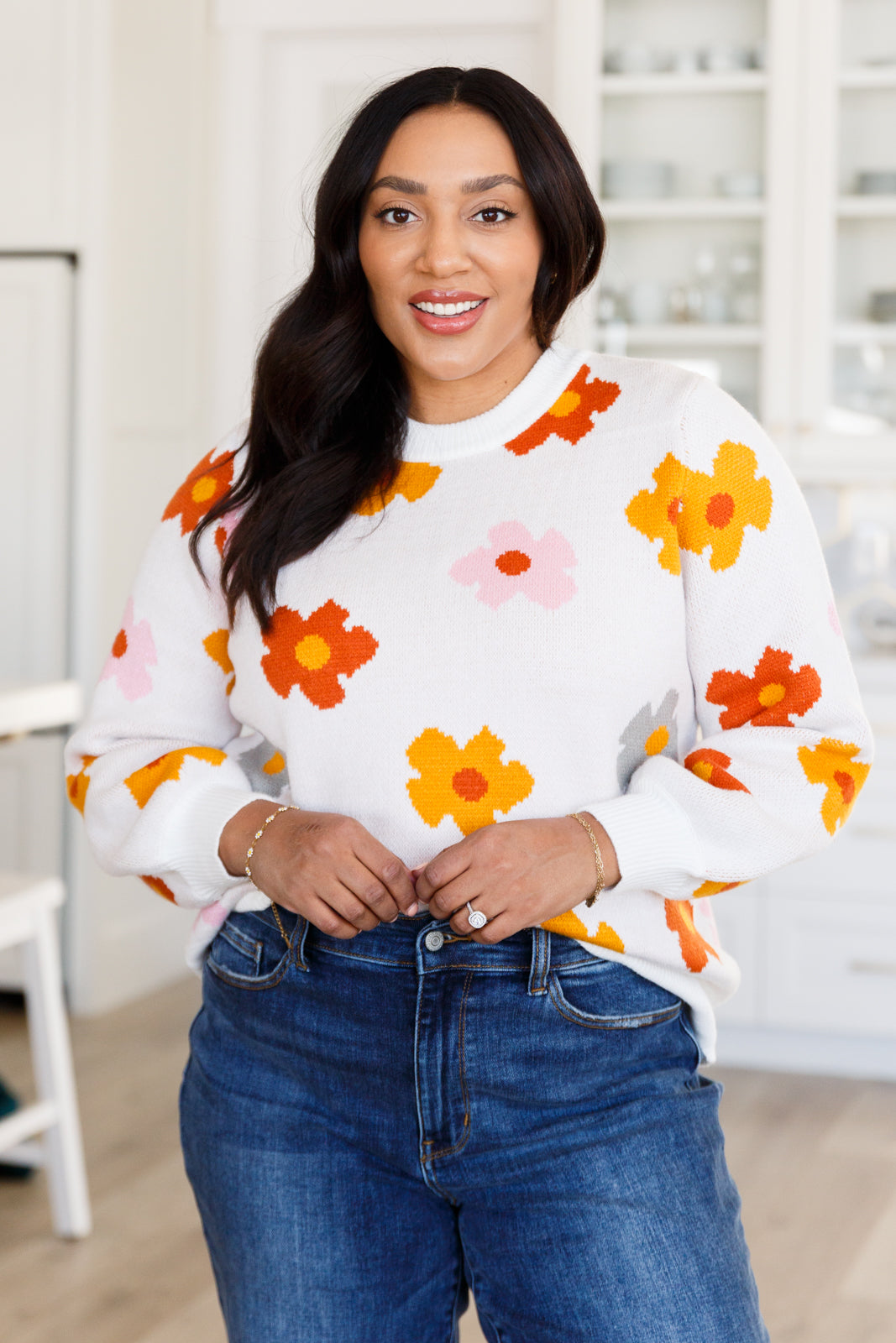 Stay comfortable and warm in our "Falling Flowers Floral Sweater". This medium weight sweater adorns adorable flowers for a charmingly cute touch. With the ribbed neckline, sleeve cuff, and hem, this sweater is a must-have for any fashion-forward individual.S - 3X
