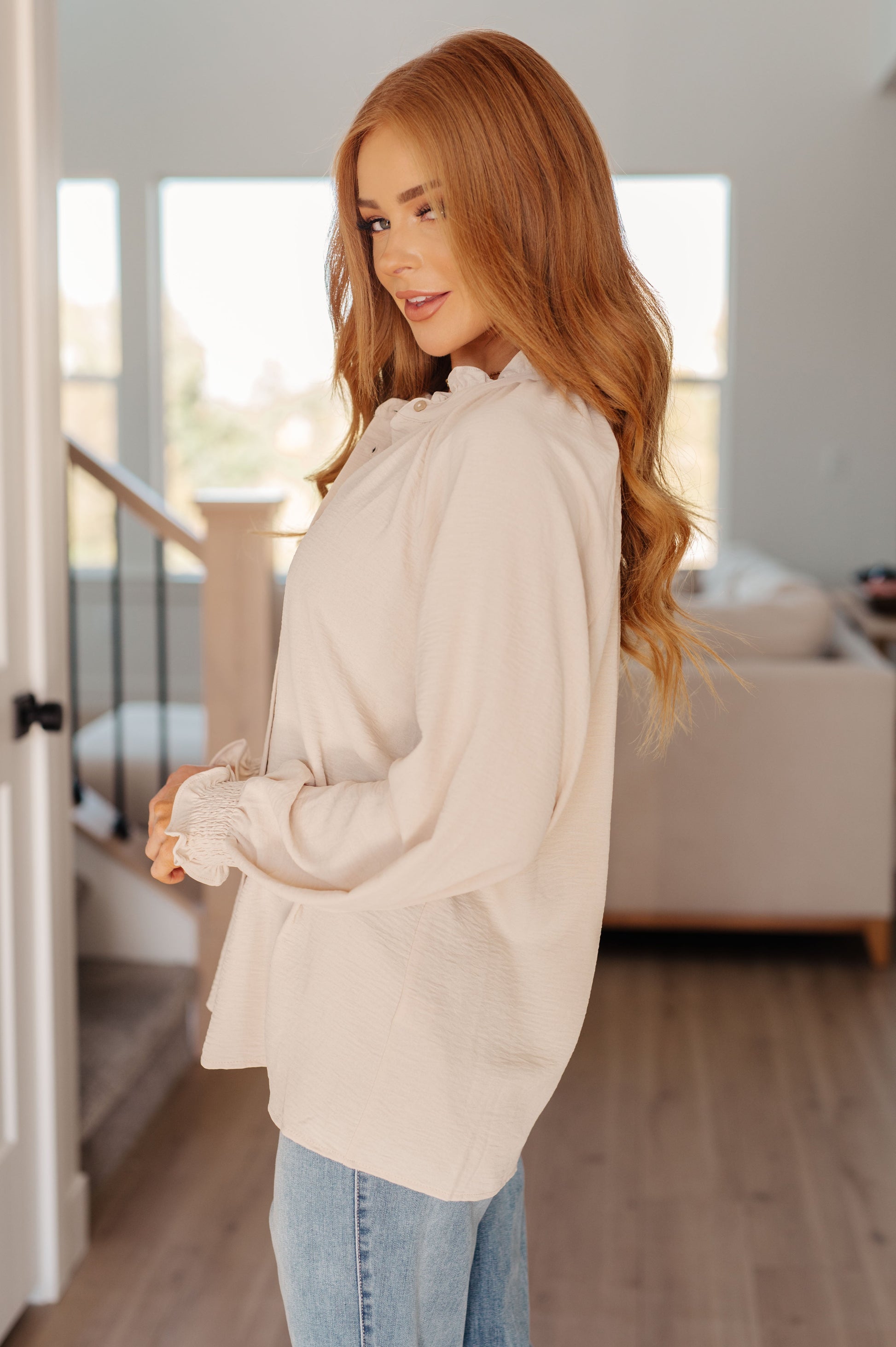 Do you want to make a fashion statement in style? The For You I Do Blouse is the perfect choice. Crafted from a delicately crinkled fabric, it features an elegant ruffled neckline with button-up detailing for an elegant look. The smocked elastic cuffs create an air of sophistication that's sure to make heads turn. Enjoy effortless style with this must-have blouse! S - 3X