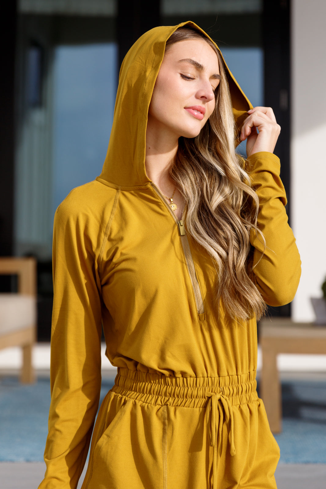 Retire those uncomfortable last season rompers with our Getting Out Long Sleeve Hoodie Romper. Made with brushed microfiber, this romper is super soft and breathable, perfect for all-day wear. The hood and drawstring waistline add a touch of style, while the patch pockets and lined shorts provide convenience. S - 3X