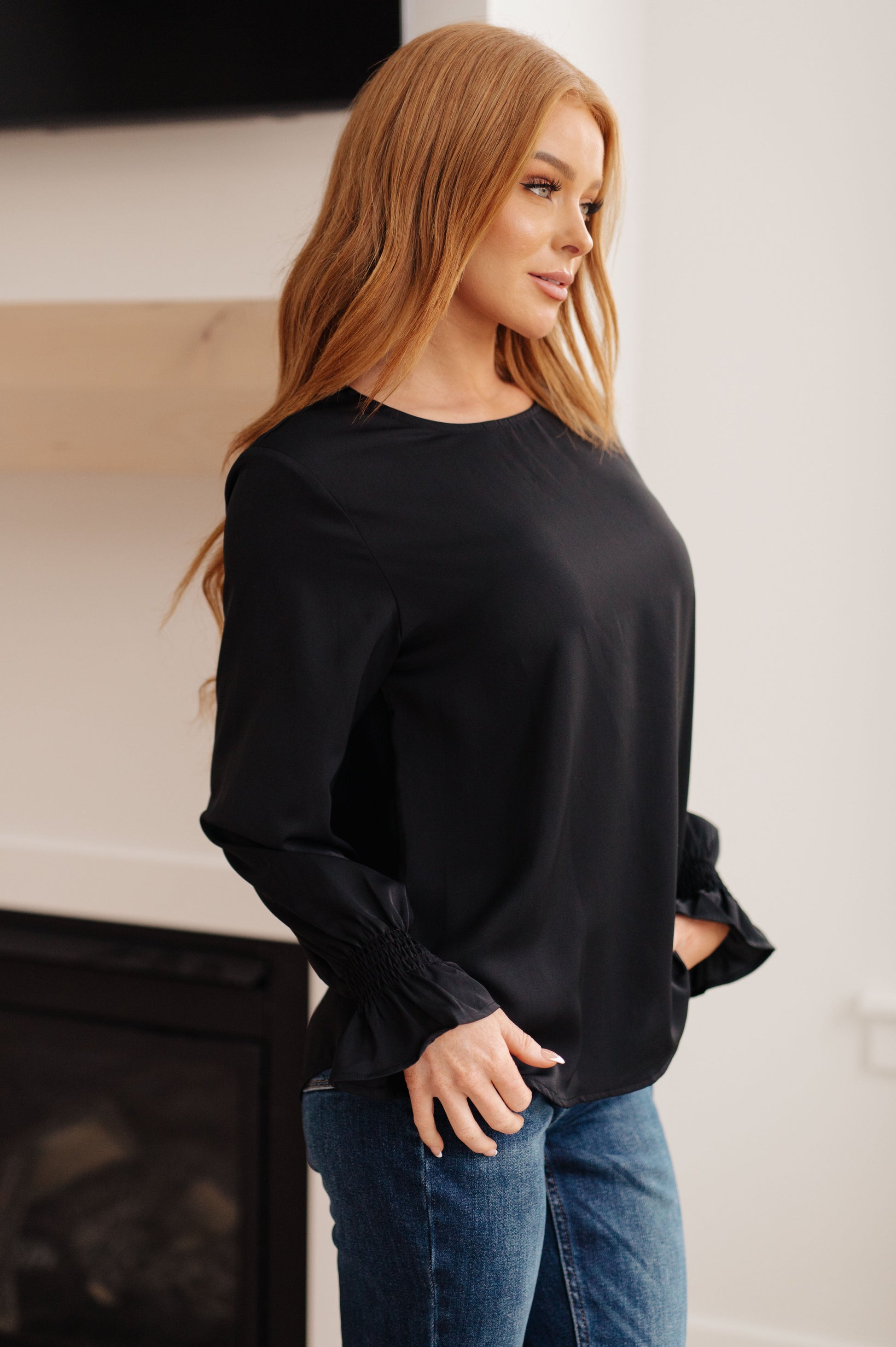 Look and feel your best, no matter the occasion, with our Peaceful Moments Smocked Sleeve Blouse. This go-to blouse has a smocked elastic sleeve cuff for a cool ruffled accent, easily transitioning from office to date night. A wardrobe staple that will take you places! S - 3X