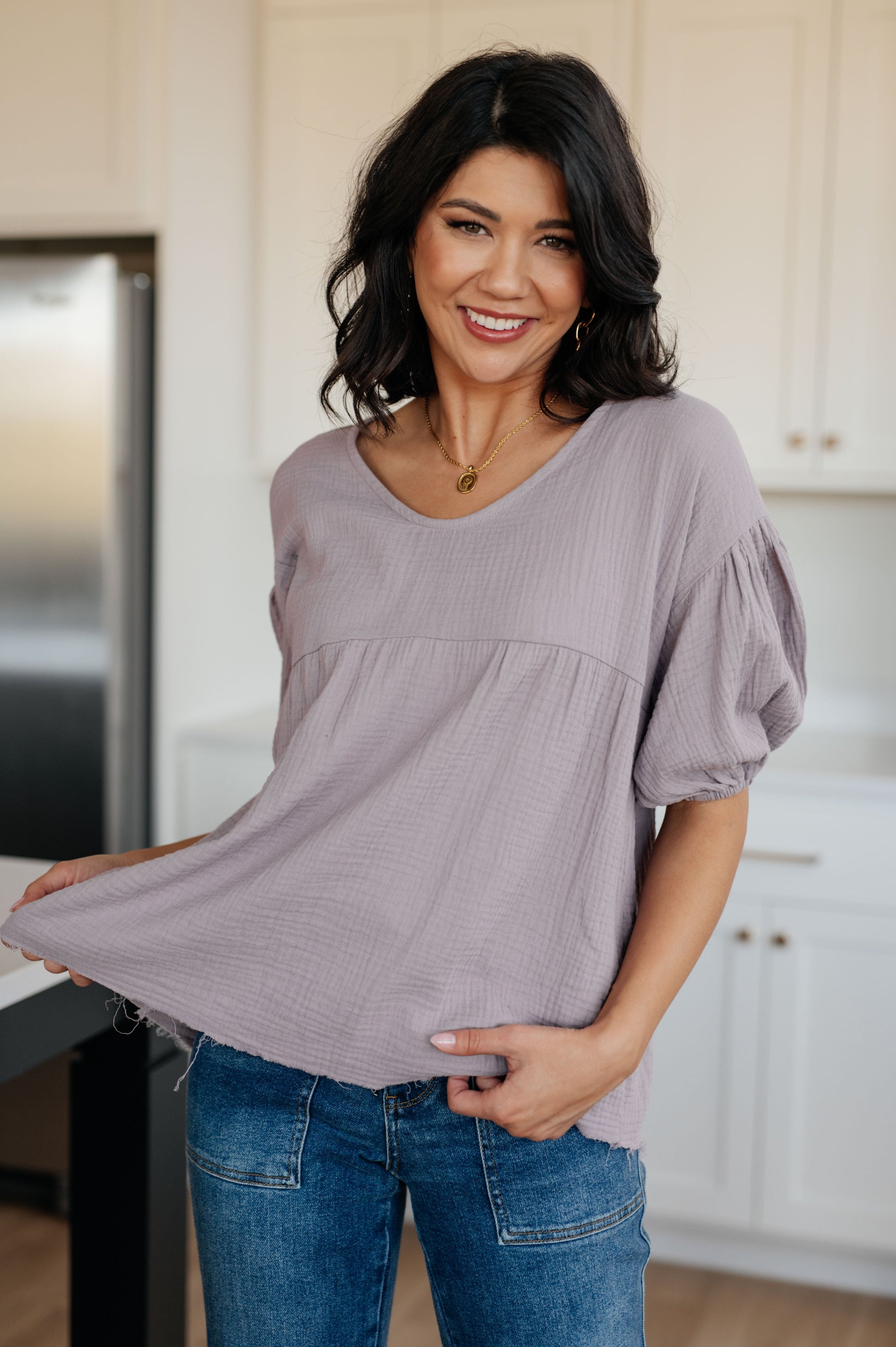 This Pleasantly Perfect Peasant Blouse will instantly refresh your wardrobe with its modern and feminine touches. Crafted from the softest of cotton gauze, featuring a raw hem, balloon sleeves, babydoll cut, and a soft V-neckline, this blouse will keep you looking stylish and feeling comfortable all at once. Experience a clothing moment you won't want to miss!S - 3X