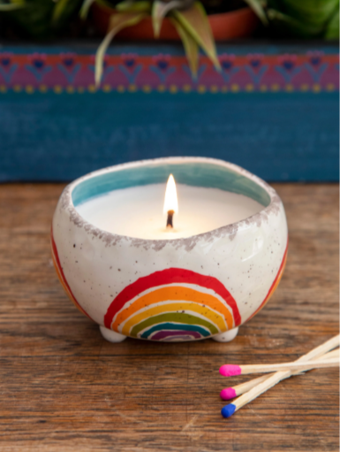 A secret message is hidden under the candle. Scent: Happy, a bright fruity and floral scent. Candle burns for 20 hs. Lead free natural fiber wick  Bowl - ceramic, Candle - soy wax blend, 100% cotton (lead free) wick