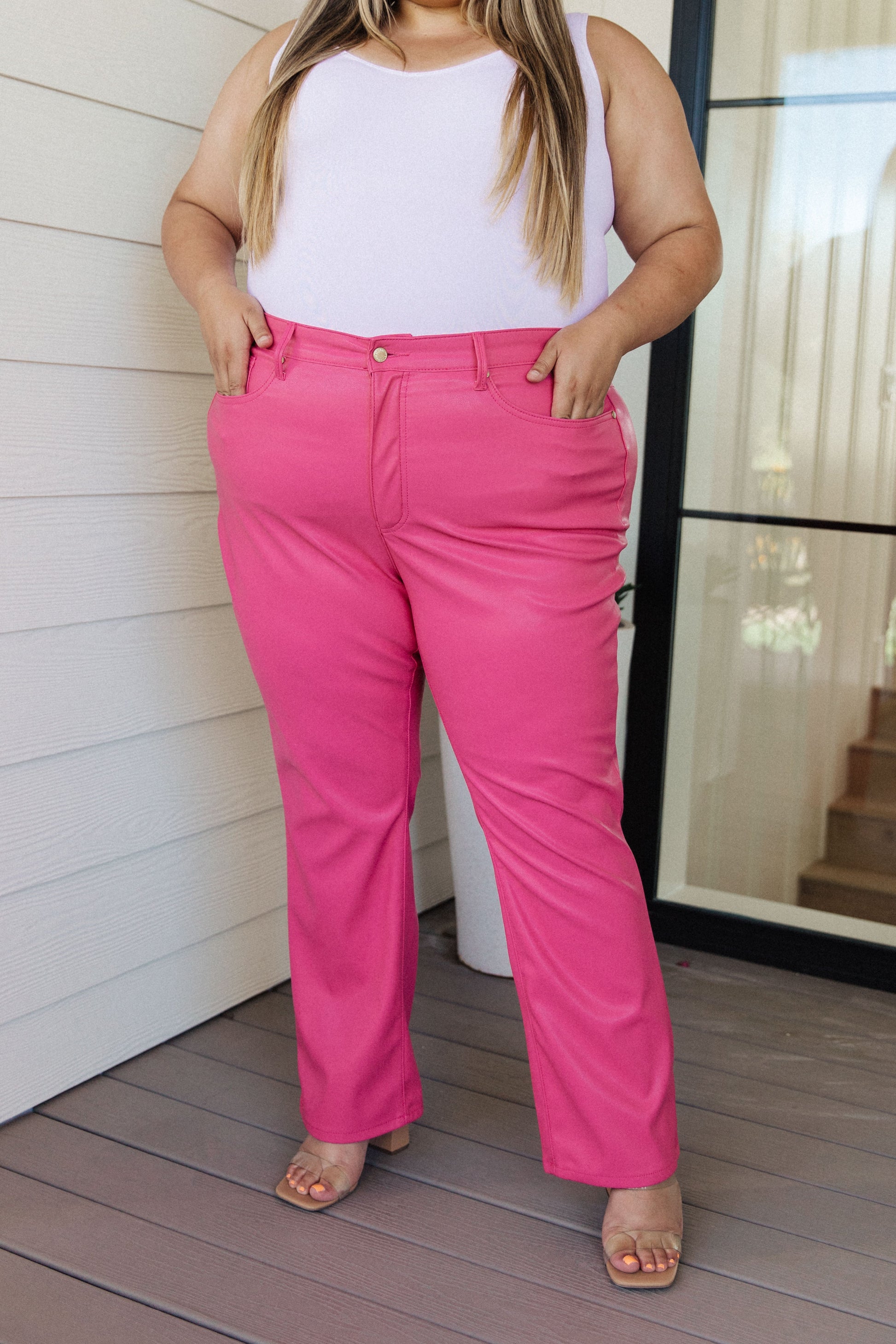 Break the rules with our Tanya Control Top Faux Leather Pants from Judy Blue! These high-waisted pants feature tummy control tech to keep you looking sleek, and a fun straight leg fit for timeless style. Dare to be bold and add a bold pop of color to your wardrobe! 0 -24W