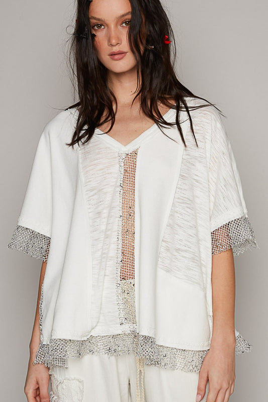  The Openwork V-Neck Half Sleeve Top is a chic piece that adds a touch of elegance to any outfit. The intricate openwork detailing on the sleeves creates a soph isticated and feminine look.  S - L