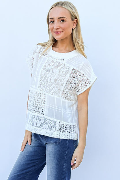 The lace patchwork short sleeve top and cami set is a stylish and versatile ensemble that combines feminine details with modern design. Featuring delicate lace accents and a coordinated cami, this set offers a chic and sophisticated look. The short sleeves add a casual touch to the top, while the cami provides easy layering options. S - L