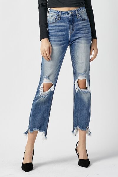 These High Waist Distressed Frayed Hem Cropped Straight Jeans are a trendy and stylish addition to your wardrobe. With their high waist design, they flatter your figure and provide a comfortable fit. 